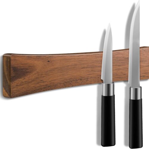 16 Inch Magnetic Knife Holder for Wall, Solid Acacia Wood Knife Magnetic Strip for Fridge, No Drill Wall Mount Knife Magnet Tool Bar, Wooden Knives Rack Block for Kitchen Utensil Organizer RV Storage