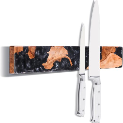 ENOKING Magnetic Knife Holder for Wall 16 Inch, Acacia Burl Wood & Black Resin Magnetic Knife Strip Bar, Powerful Magnet Kitchen Knife Storage Rack, Space-Saving Wall Mounted Organizer