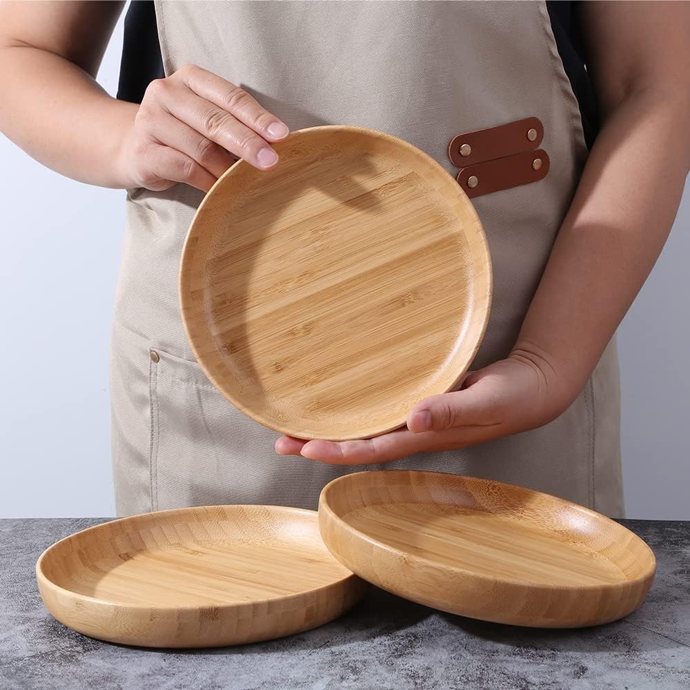 Bamboo Plates 7.5Inch Round Bamboo Plates Reusable Dinner Plates Tableware Set of 3 Wooden Plate Lightweight Dishes Snack, Dessert, Unbreakable Classic Plate - Image 2