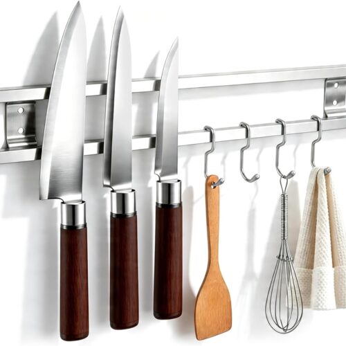 17 Inch Magnetic Knife Holder for Wall with 4 Hooks, No Drilling Knife Magnetic Strip Wall Mounted Dual Rod Strong Magnet Bar for Partry Garage Tool Rack, Knives Holder for RV Kitchen Organization