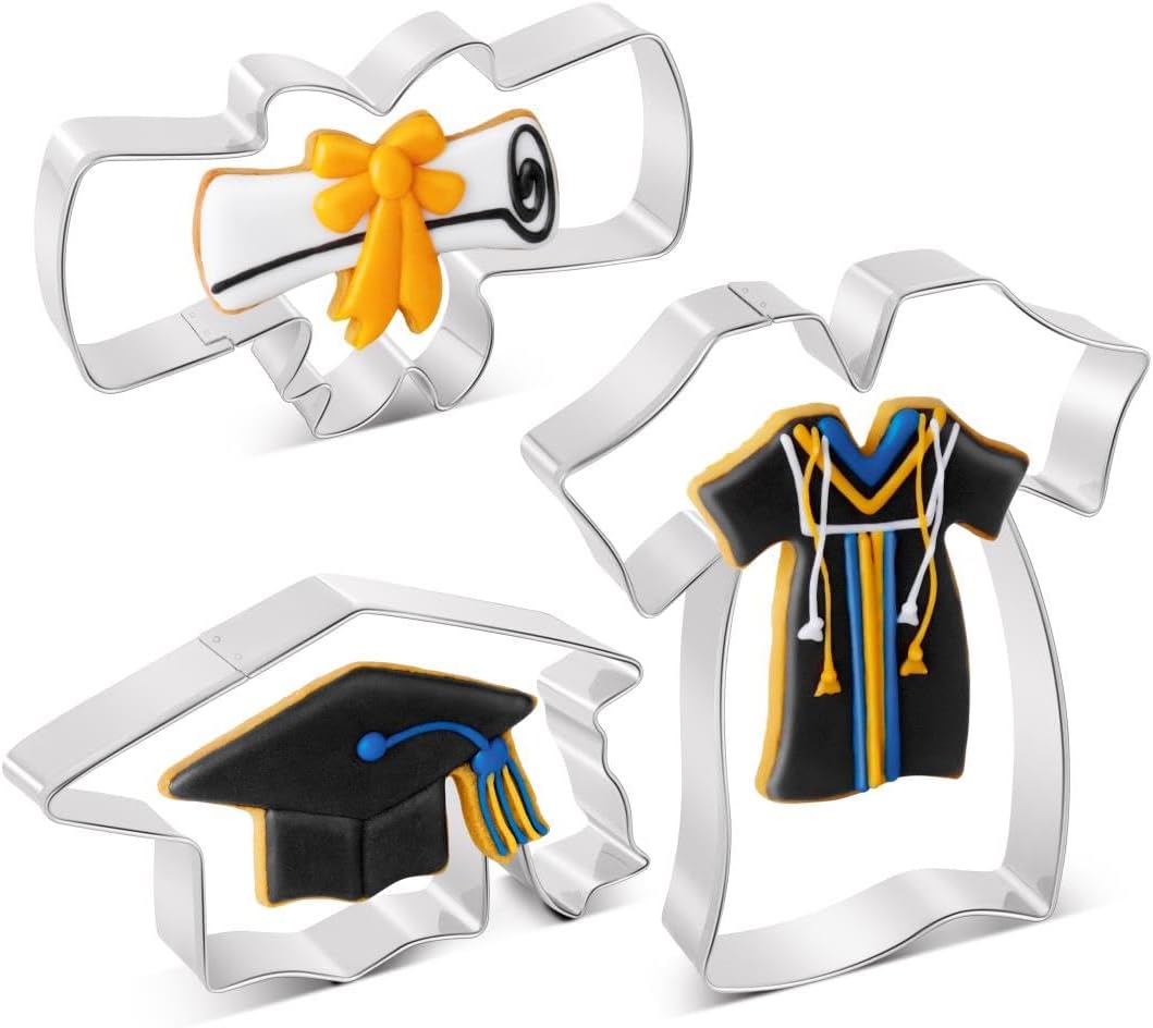 Graduation Cookie Cutters Set 3 Pieces, Stainless Steel Graducation Cap Cookie Cutter, Diploma, Graduation Gown Dress Cookie Cutter for Graduation Celebration Party