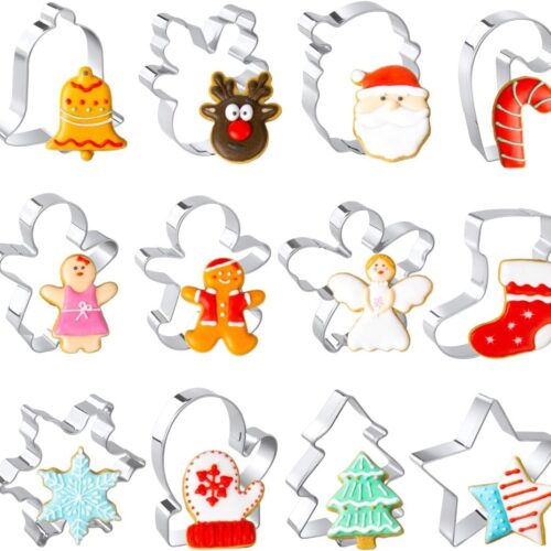 Christmas Cookie Cutters Set, 12 Pieces Stainless Steel Metal Christmas Cookie Cutters Shapes - Gingerbread Men,Christmas Tree,Snowflake, Candy Cane, Santa Face, Star and More