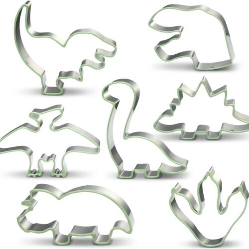 New 7 Piece Dinosaur Cookie Cutters Set with Silicone Protective Rim, Dishwasher Safe Stainless Steel Cookie Cutters for Cookies, Fondant, Sandwiches, Biscuits, Pancakes and Pastries