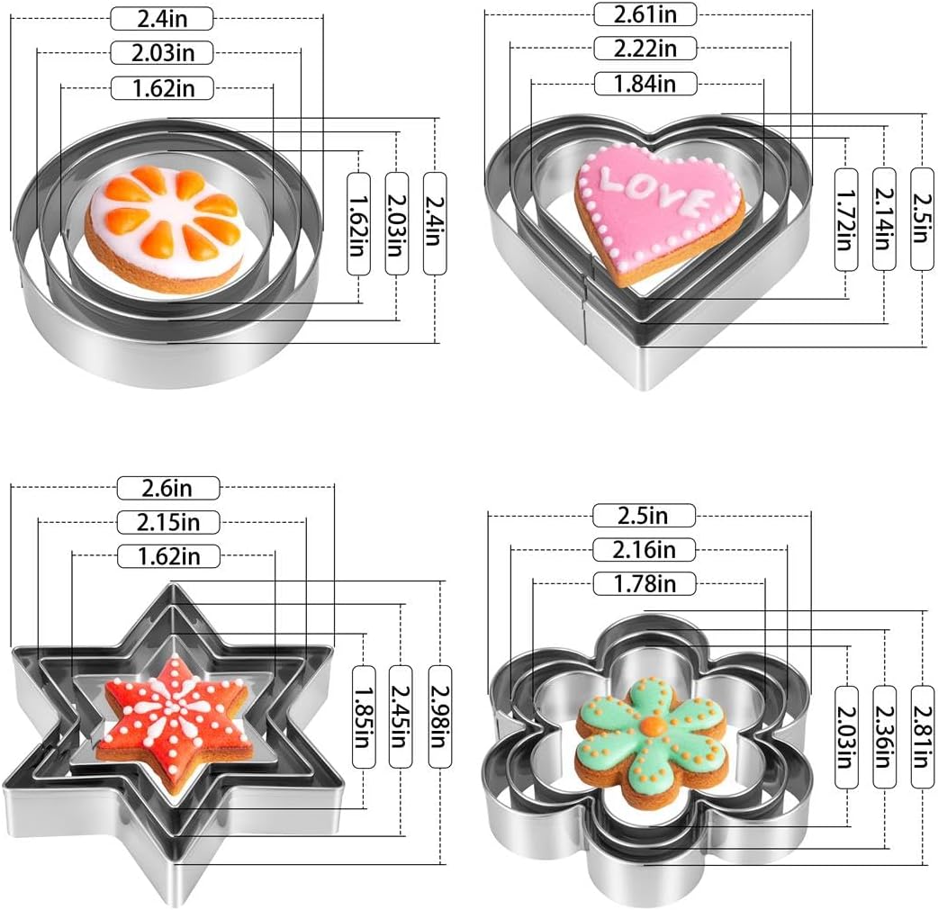 Metal Cookie Cutters Set 12 Pieces, Stainless Steel 3 Heart Cookie Cutters, 3 Star Cookie Cutters, 3 Flower Cookie Cutters, 3 Round Cookie Cutters for Valentine's Day Christmas Holiday - Image 2