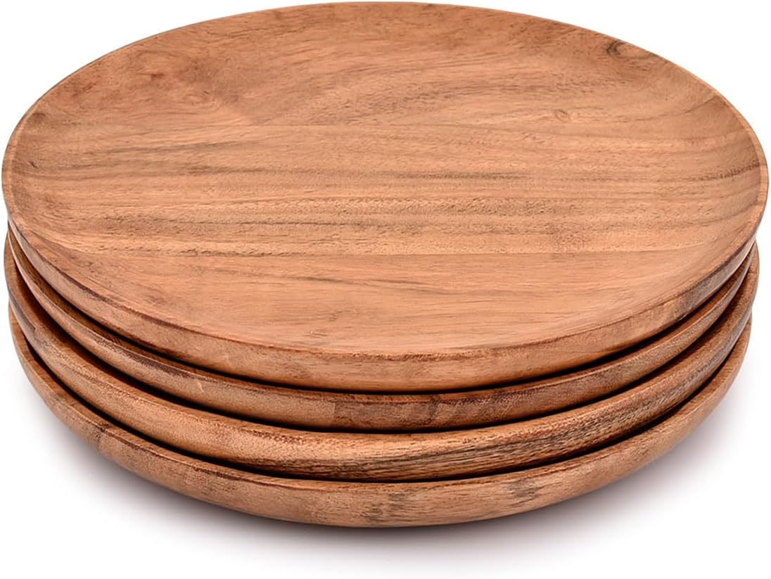 Acacia Wood Dinner Plates Set of 4 for Dishes Snack, Dessert Natural Wood Plates Serving Dinnerware Plate for Dinner (8" x 8" x 0.75") - Image 2