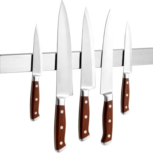YC Kitchen Magnetic Knife Holder for Wall, 16 Inch Stainless Steel Knife Magnetic Strip for Knives, Tools, Supplies - Drilling incl/Self Adhesive Tape,with 2 hooks