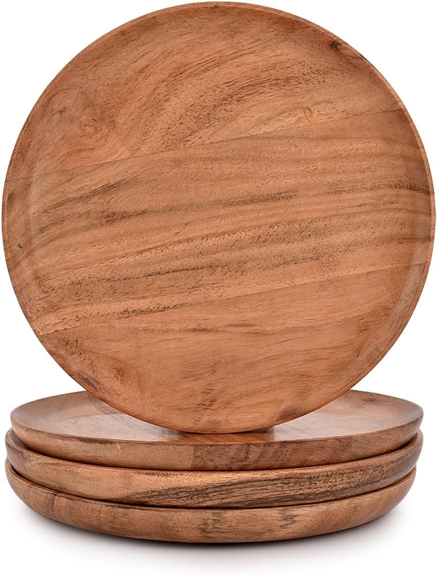 Acacia Wood Dinner Plates Set of 4 for Dishes Snack, Dessert Natural Wood Plates Serving Dinnerware Plate for Dinner (8" x 8" x 0.75")