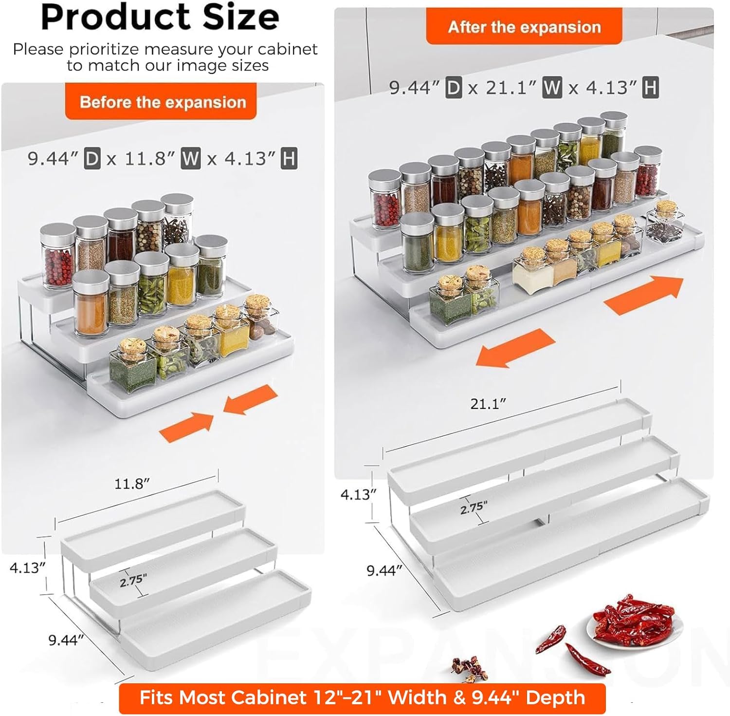 Expandable Spice Rack Organizer for Cabinet - 3 Tier Adjustable Cabinet Spice Organizer Easy Visibility - Spice Organizer for Cabinet Countertop Cupboard Pantry Organization (White) - Image 2