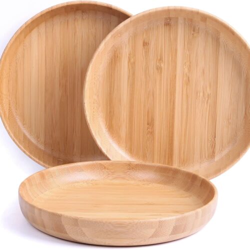 Bamboo Plates 7.5Inch Round Bamboo Plates Reusable Dinner Plates Tableware Set of 3 Wooden Plate Lightweight Dishes Snack, Dessert, Unbreakable Classic Plate