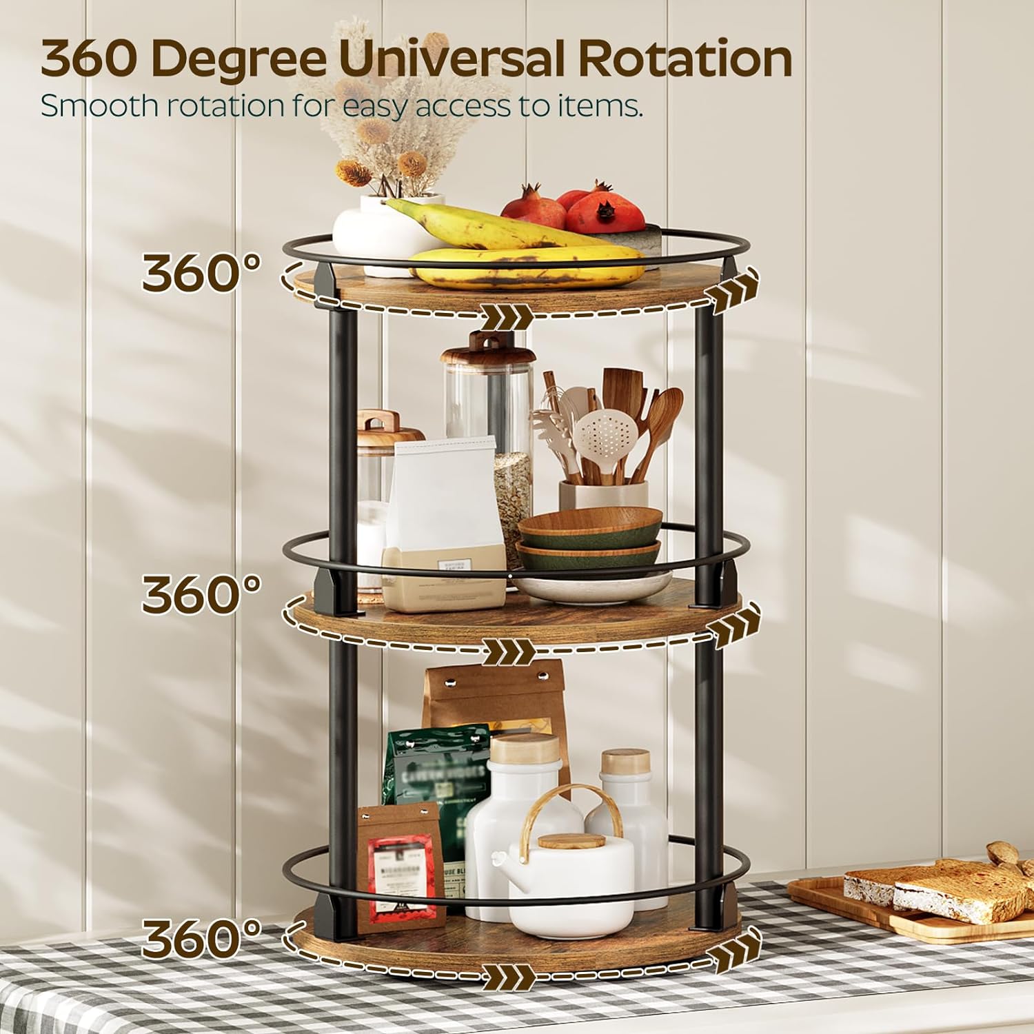3-Tier Lazy Susan Organizer, Rotating Spice Rack, Spinning Organizer, Industrial Turntable Spice Rack Organizer for Cabinet, Kitchen Countertop, Pantry, Rustic Brown and Black - Image 2