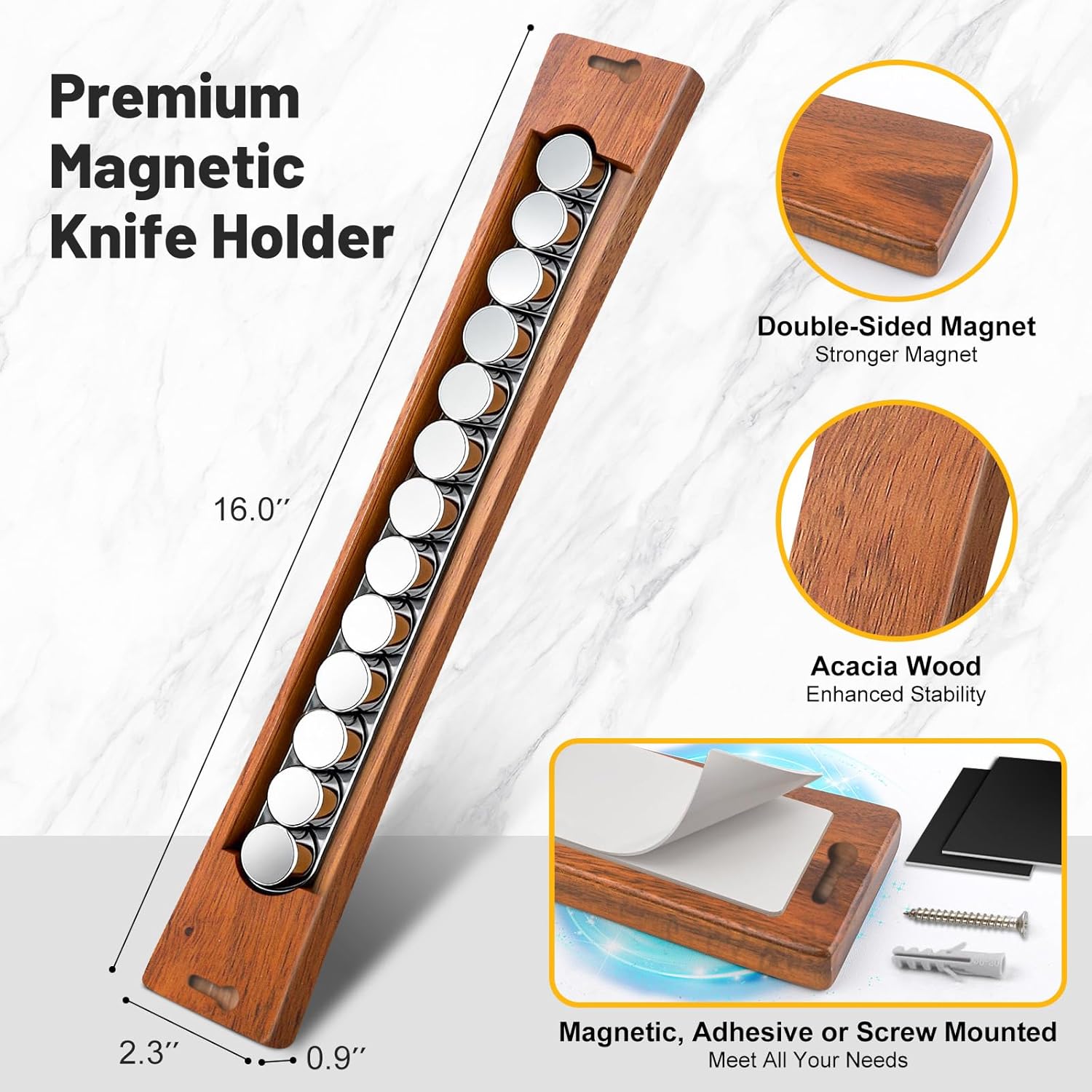 16 Inch Magnetic Knife Holder for Wall, Solid Acacia Wood Knife Magnetic Strip for Fridge, No Drill Wall Mount Knife Magnet Tool Bar, Wooden Knives Rack Block for Kitchen Utensil Organizer RV Storage - Image 2