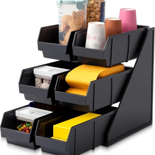 6 Compartment Serve Condiment Bin Self Serve Condiment Packet Organizer Stand Countertop Plastic Containers Storage Display Rack for Coffee Shops Restaurants Bars(6 Bin)