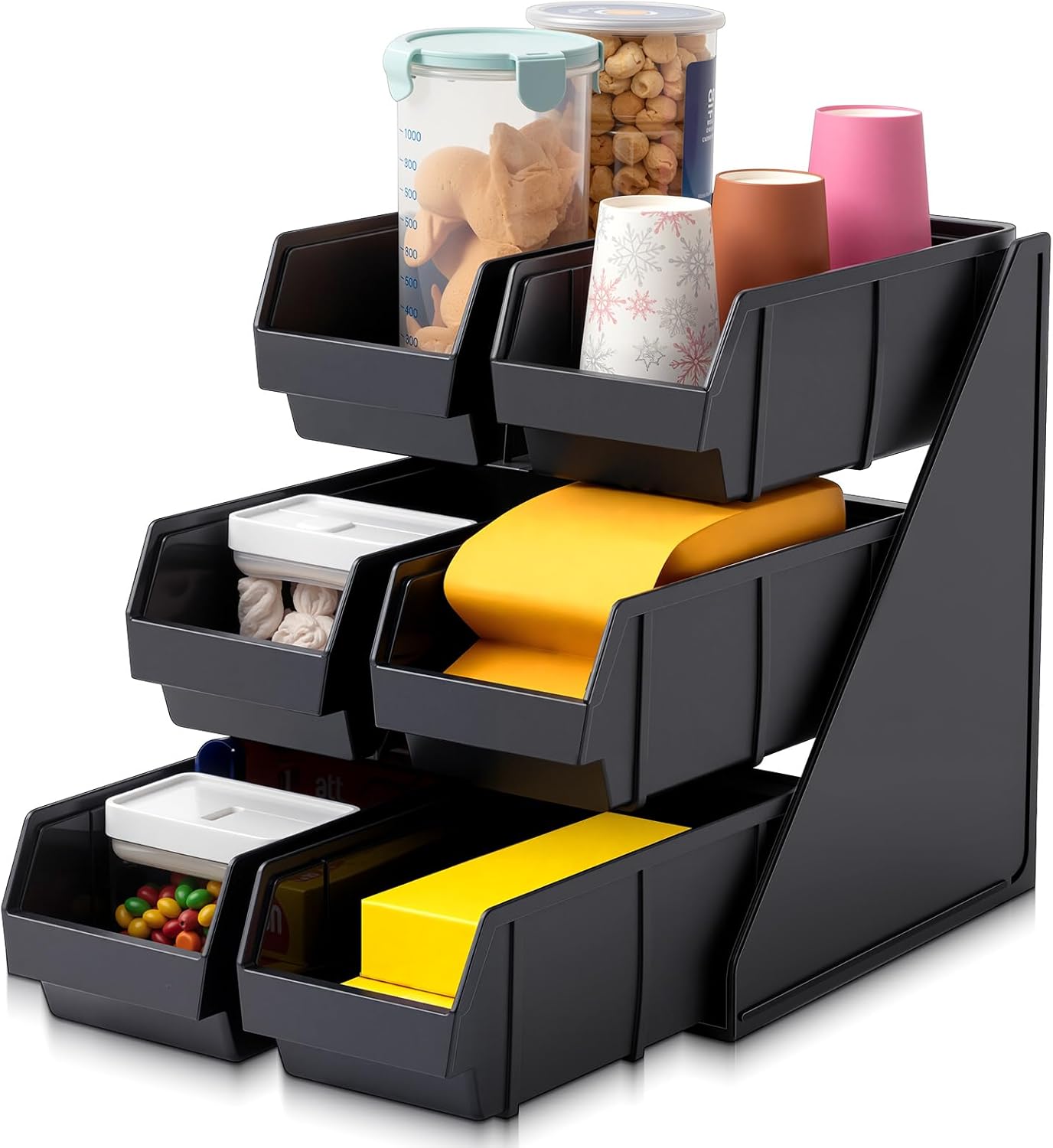 6 Compartment Serve Condiment Bin Self Serve Condiment Packet Organizer Stand Countertop Plastic Containers Storage Display Rack for Coffee Shops Restaurants Bars(6 Bin)