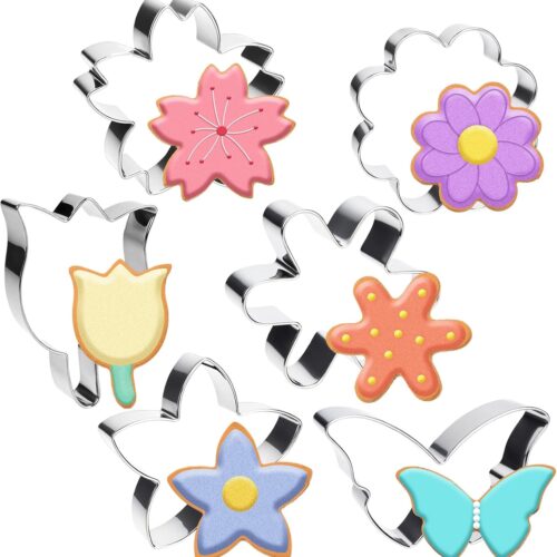 6 PCS Flower Cookie Cutters Set, Stainless Steel Flowers Cookie Cutters, Butterfly Cherry Blossom Tulip Daisy Shaped Baking Tools for Home Baking, Party Favors (Flower & Butterfly)