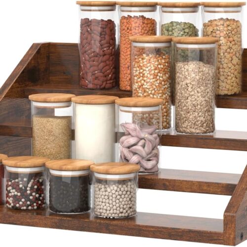 4 Step Spice Rack Organizer for Cabinet, Robust Wooden Display Riser Shelf Seasoning Organizer for Countertop Cupboard Pantry, Condiment Jar Kitchen Storage Holder Super Sturdy Stand, Rusitc Brown
