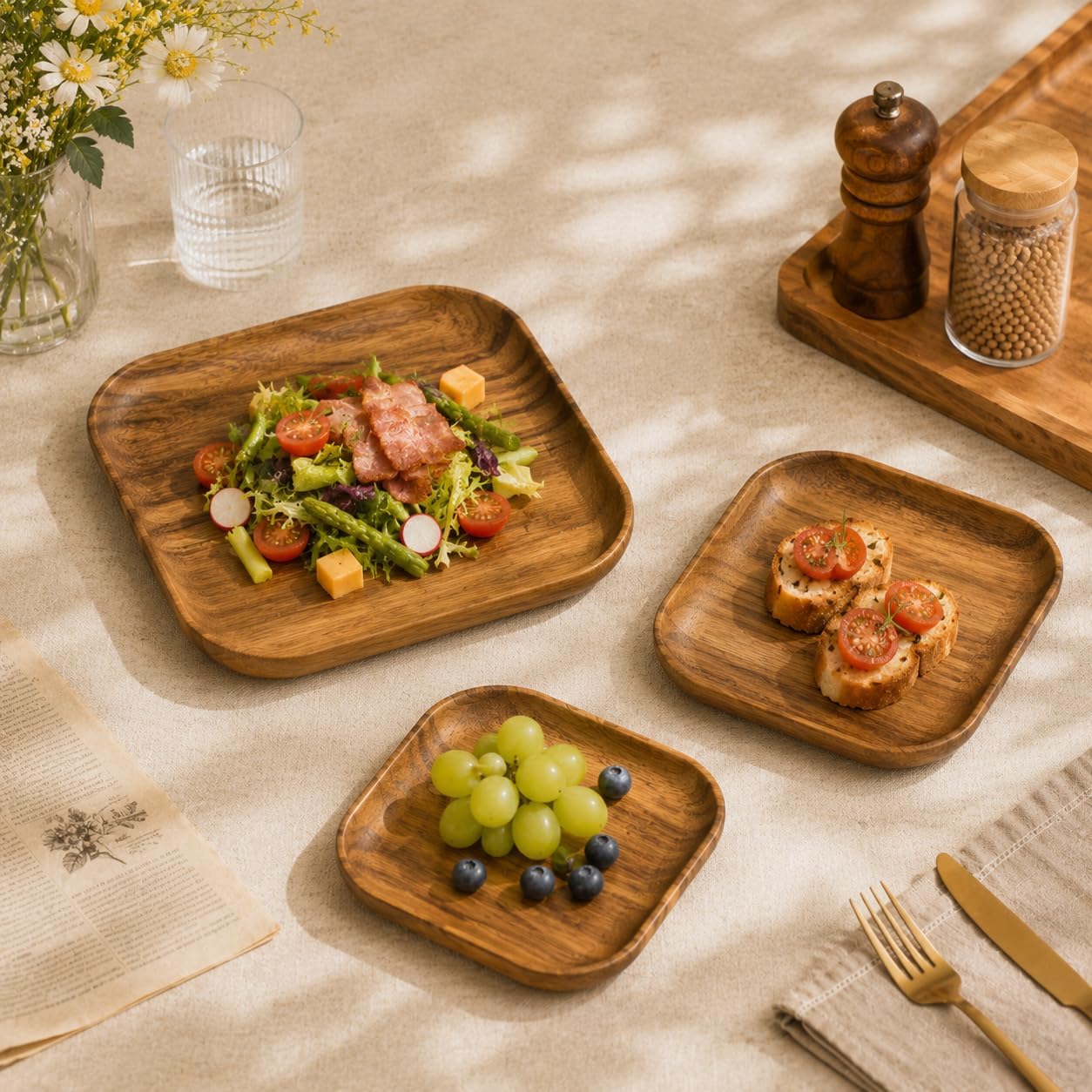 Wooden Acacia Plates set of 3, 9-6Inch Wood Acacia Serving Trays, Farmhouse Kitchen Plates, Reusable Wooden Dishware for Dining, Appetizers, Snacks, Parties (square)