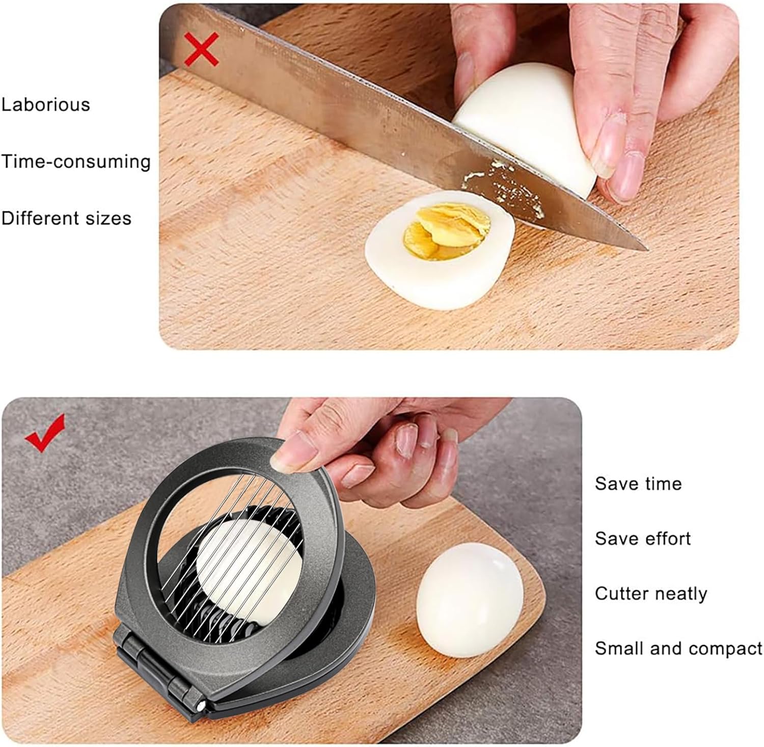 Egg Slicer, Egg Slicer for Hard Boiled Eggs, Egg Cutter Heavy Duty Aluminium for Egg Strawberry Mushroom Soft Fruit, Stainless Steel Wire with 3 Slicing Styles - Grey - Image 2