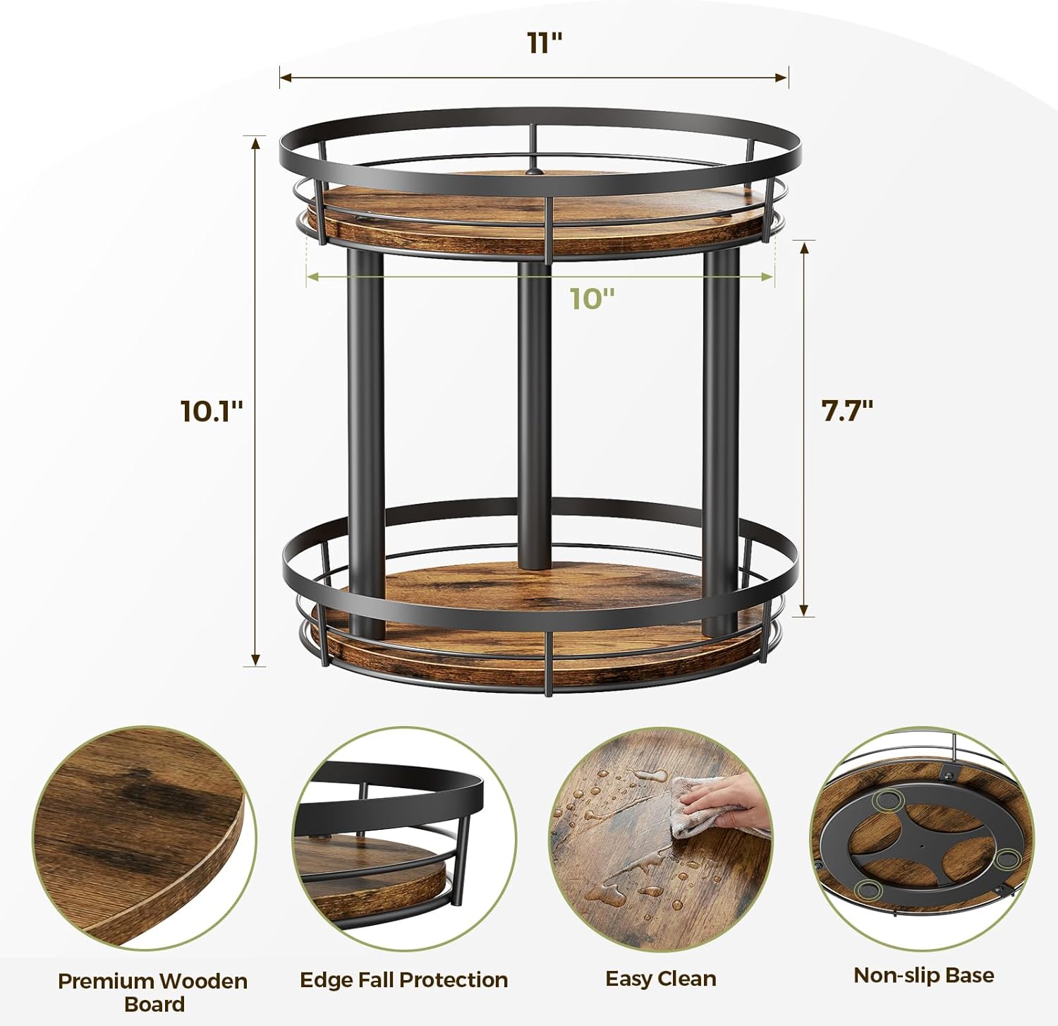10'' Wood Lazy Susan Spice Rack Organizer, 2 Tier Spice Organization for Cabinet, Countertop, Kitchen, Table Top, Pantry, Condiment and Seasoning Rack Organizer - Image 2