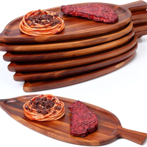 6 Pcs Acacia Wood Serving Trays 16" X 6.7" Novelty Leaf Shaped Wooden Dinner Plates for Snacks, Cookies, Fruits Cheese Display Food Dish Home Office