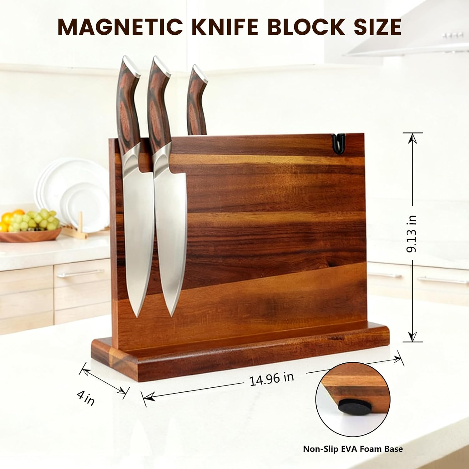 Magnetic Knife Block Natural Acacia Wood Knife Holder Space-Saving Magnetic Strip for Kitchen Knives Self-Sharpening Slot for Maintaining Blade Sharpness Strong Magnet Securely Holds Knives - Image 2
