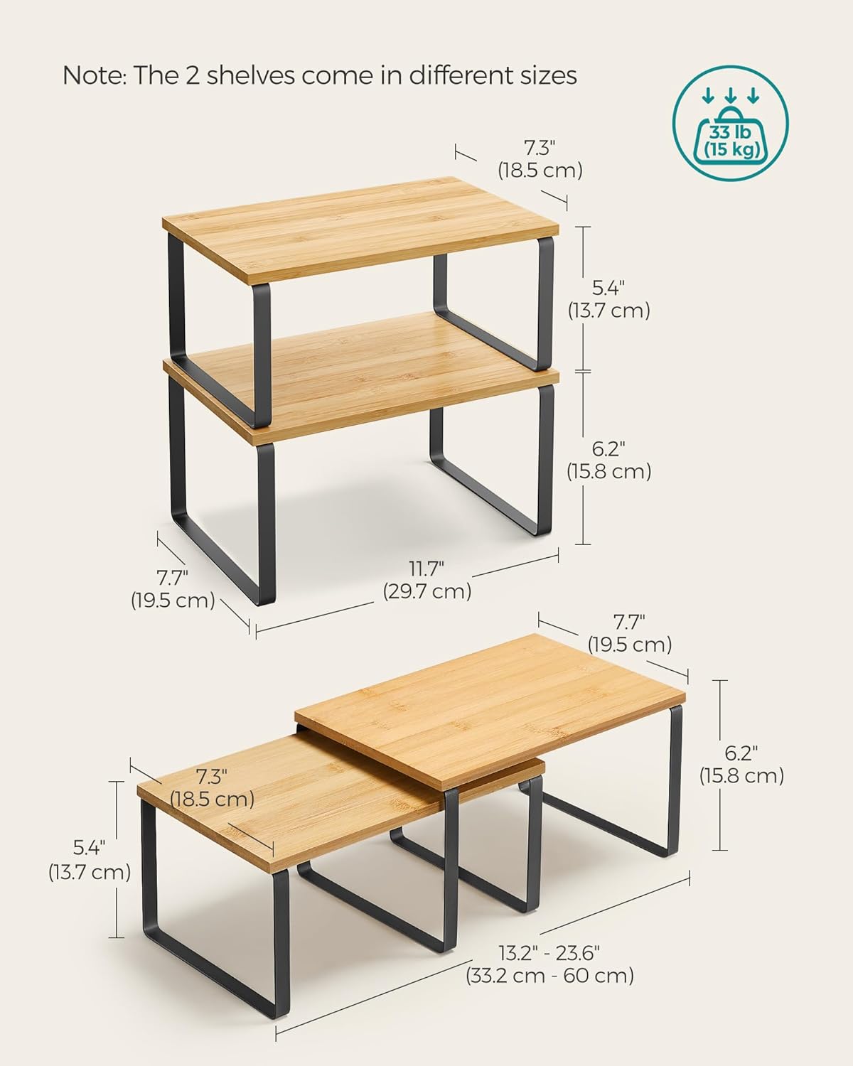 Cabinet Organizer Shelf, Set of 2 Kitchen Counter Shelves, Kitchen Storage, Spice Rack, Stackable, Expandable, Metal and Engineered Wood, 11.7 Inches, Ink Black and Natural Beige - Image 2