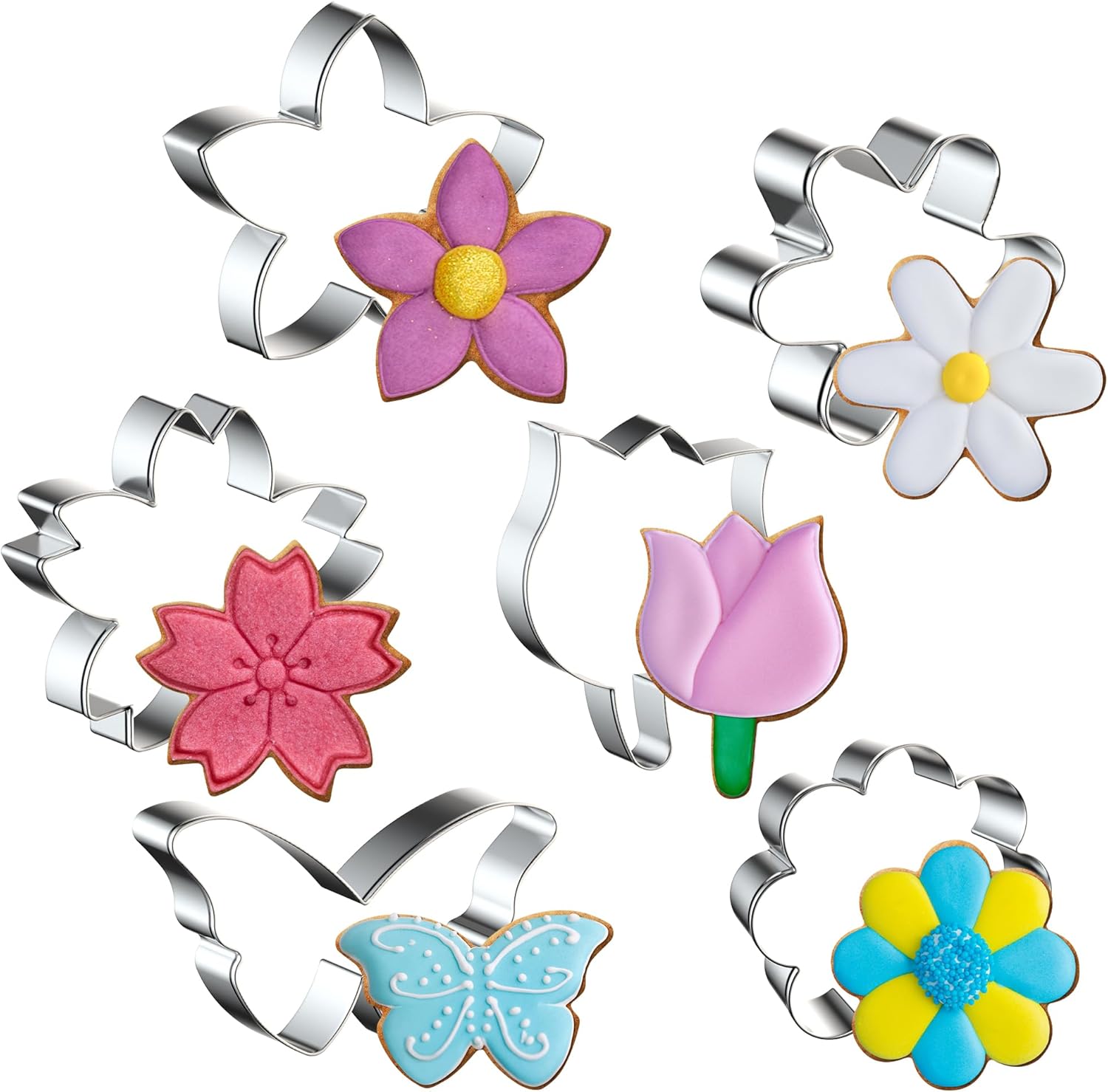6PCS Flower Cookie Cutter Set, 3 Inches Flower Shaped Cookie Cutter-Daisy, Tulip, 3 Shaped of Flowers, Butterfly, Stainless Steel Cookie Cutters, Baking Tool for Homemaking Cookie