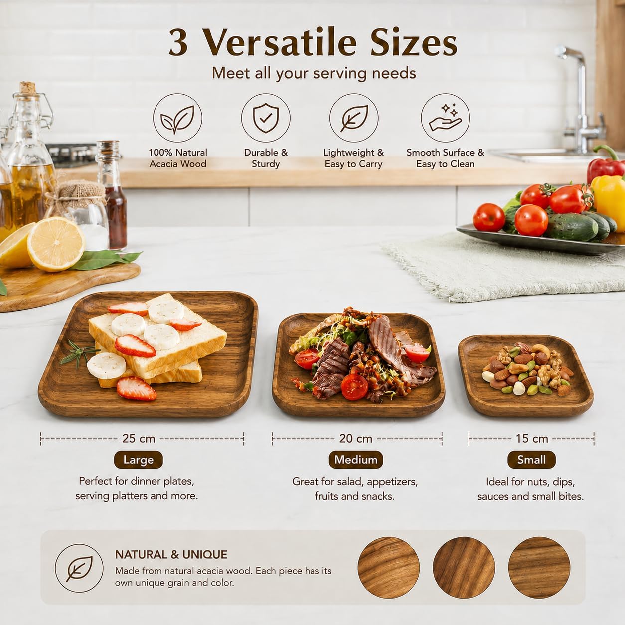 Wooden Acacia Plates set of 3, 9-6Inch Wood Acacia Serving Trays, Farmhouse Kitchen Plates, Reusable Wooden Dishware for Dining, Appetizers, Snacks, Parties (square) - Image 2