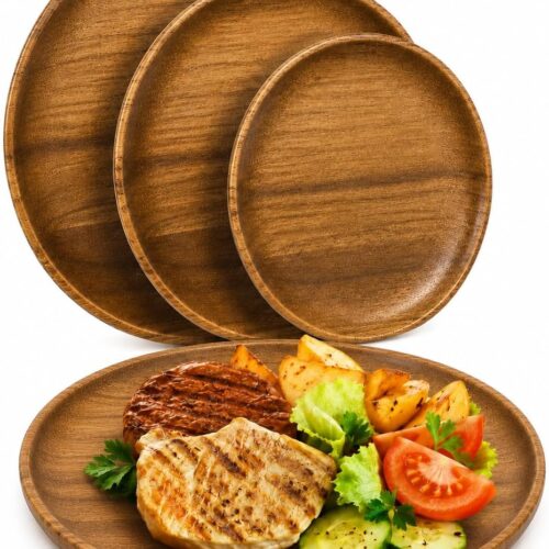 Acacia Wooden Plates Set of 3, 6/8/10 Inch Round Serving Platters for Charcuterie, Appetizers, Acacia Wood Plates, Stackable Dinnerware Trays for Kitchen, Party & Entertaining (Round Tray)