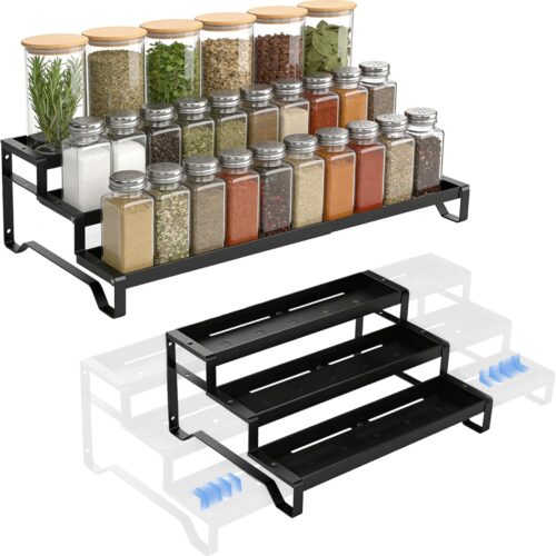 Expandable Spice Rack Organizer for Cabinet 3 Tiered Metal Seasoning Organization with Guardrails Spice Shelf Storage for Jars Adjustable Length 13"-21" Black 1Pack