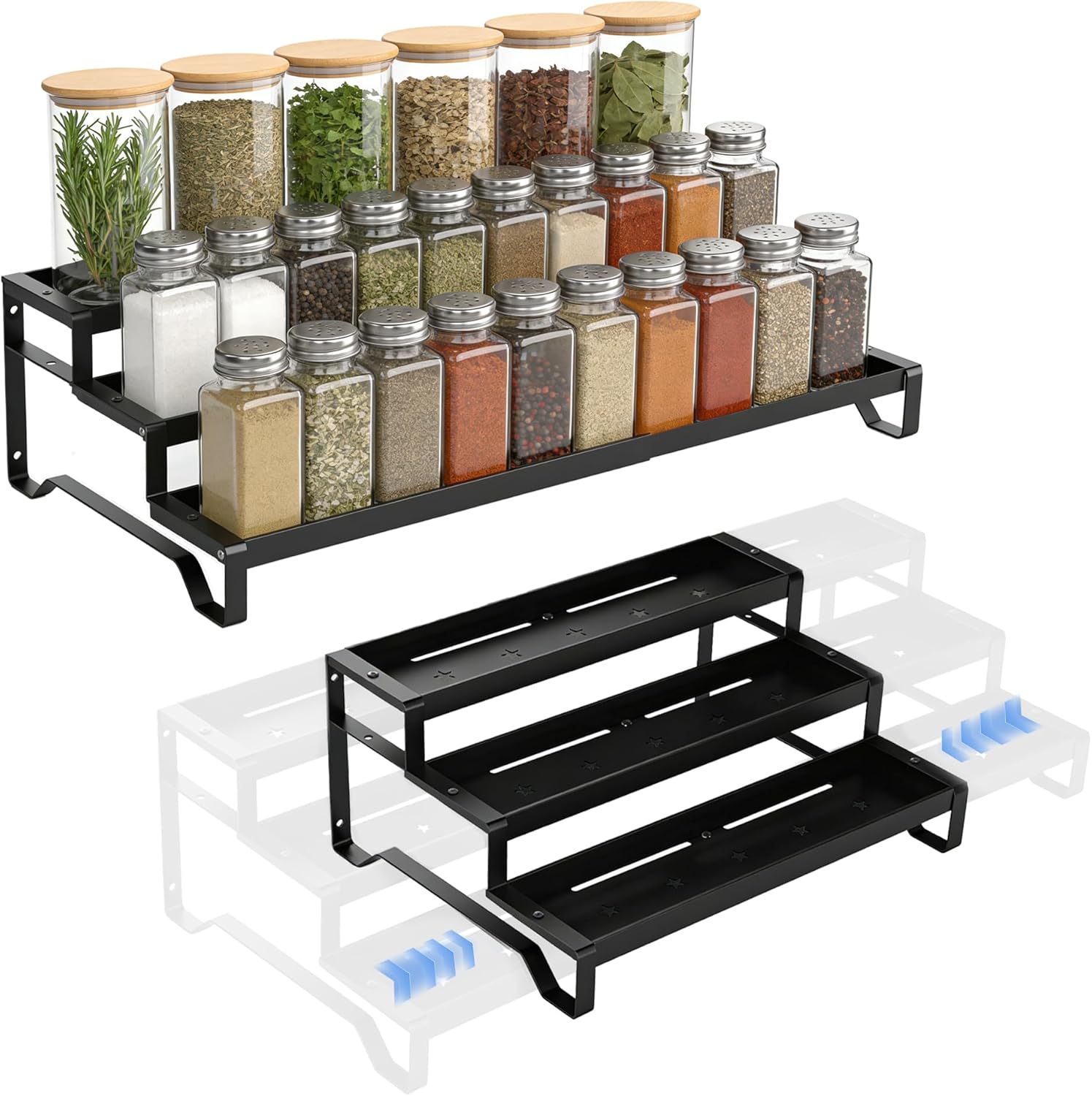 Expandable Spice Rack Organizer for Cabinet 3 Tiered Metal Seasoning Organization with Guardrails Spice Shelf Storage for Jars Adjustable Length 13"-21" Black 1Pack