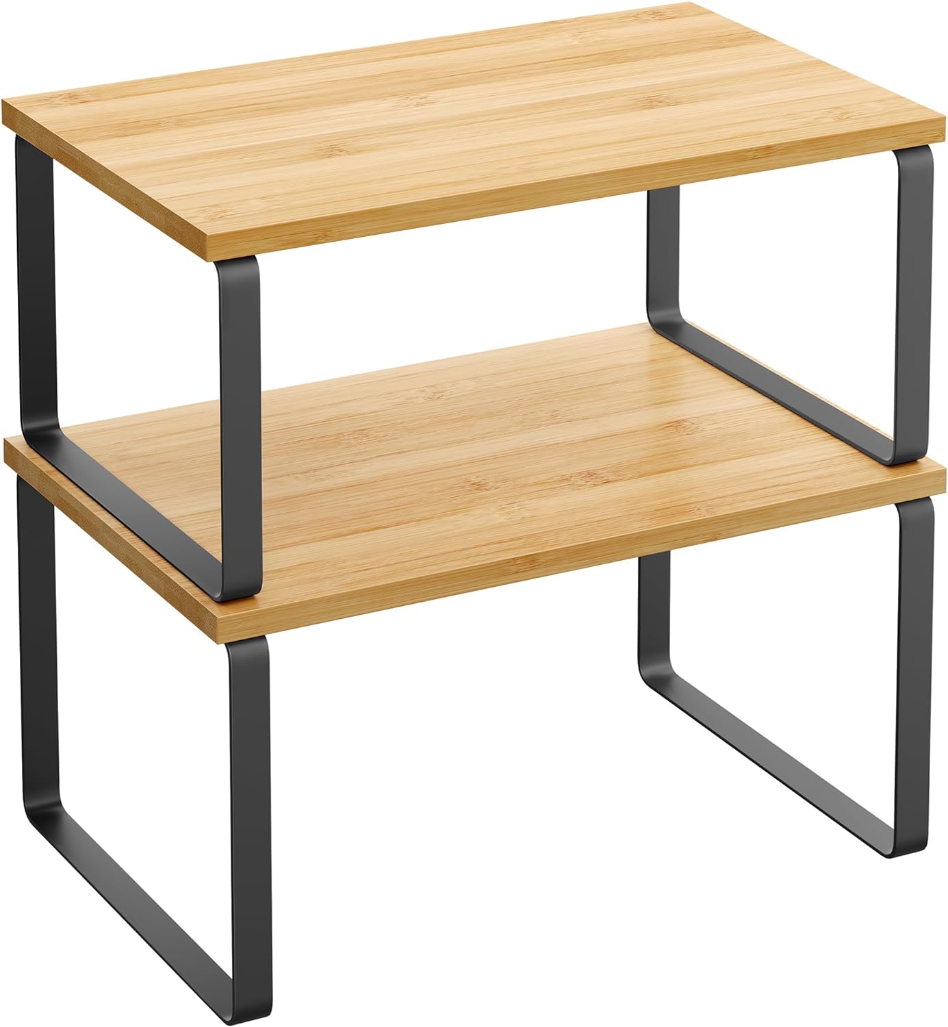 Cabinet Organizer Shelf, Set of 2 Kitchen Counter Shelves, Kitchen Storage, Spice Rack, Stackable, Expandable, Metal and Engineered Wood, 11.7 Inches, Ink Black and Natural Beige