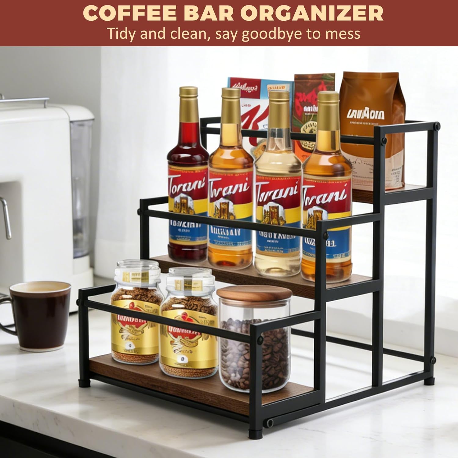 Coffee Syrup Rack Organizer - Metal Bottle Holder for 12 Bottles – Rustic Countertop Display Shelf for Coffee Bar, Kitchen Cabinet, Pantry Storage for Syrups, Liquor, Spice, Tea & Wine (3-Tier) - Image 2