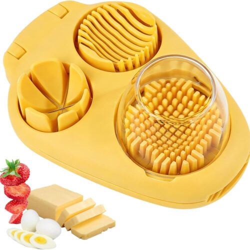 3 In 1 Egg Slicer For Hard Boiled Eggs, Strawberry Slicer Grape Cutter, 2026 New Stainless Steel 3 Slice Modes Egg Cutter, Dishwasher Safe Kitchen Slicer for Mushroom, Cherry (Yellow)