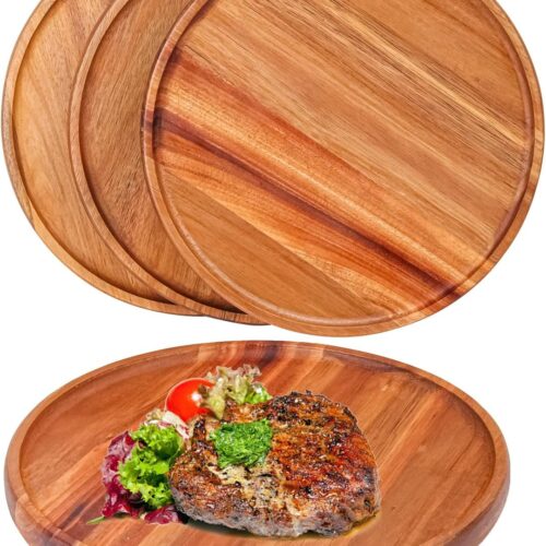 4 PCS 11 Inch Round Wooden Plates, 11 Inch Acacia Wood Dinner Plates, Unbreakable Classic Design, Round Serving Wooden Plate for Food, Excellent Addition to Your Kitchen & Dining
