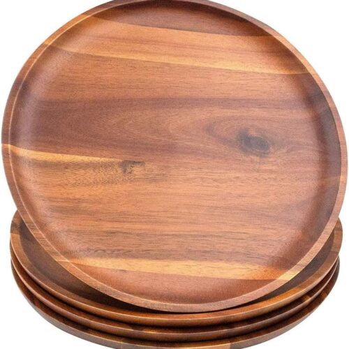 Acacia Wood Dinner Plates, 11Inch Round Wood Plates Set of 4, Easy Cleaning & Lightweight for Dishes Snack, Dessert, Unbreakable Classic Plate