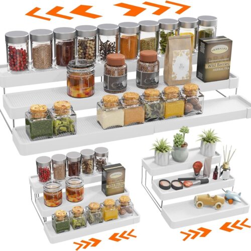 Expandable Spice Rack Organizer for Cabinet - 3 Tier Adjustable Cabinet Spice Organizer Easy Visibility - Spice Organizer for Cabinet Countertop Cupboard Pantry Organization (White)