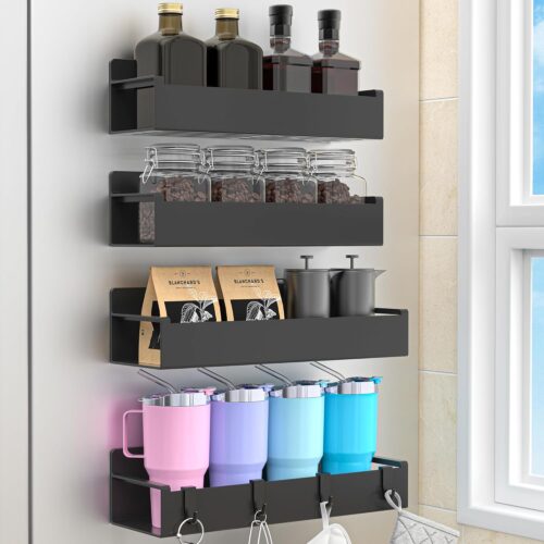 4 Pack Magnetic Spice Rack Organizer for Refrigerator and Oven, Black Fridge Organizers and Storage for Kitchen