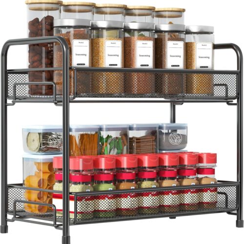 Spice Rack Organizer for Countertop, 2-Tier Foldable Metal Rust-Proof Standing Large Seasoning Storage Shelf with Guardrail and Mesh Design for Kitchen Cabinet Bathroom Living Room Pantry, Black