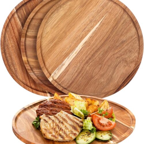 4 Pcs Acacia Round Wood Dinner Plates, 9.8 in Decorative Wooden Plates for Food, Natural Serving Tray, Japanese Style for Home Décor, Parties, and Gifts