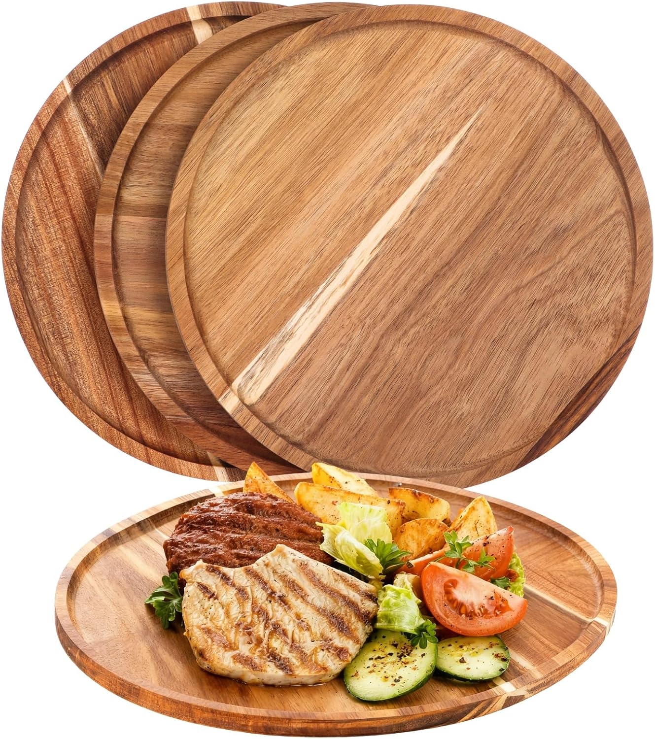 4 Pcs Acacia Round Wood Dinner Plates, 9.8 in Decorative Wooden Plates for Food, Natural Serving Tray, Japanese Style for Home Décor, Parties, and Gifts