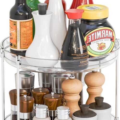 2 Tier Lazy Susan Turntable for Cabinet,Countertop,Pantry,9.5"W Spinning Seasoning Organizer,Double Rotating Kitchen Spice Rack Organizer and Condiments,Medicine,Vitamin Bottle Organizer Carousels,1Pc