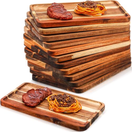 12 Pcs Acacia Wood Serving Tray Rectangular Wooden Serving Platter Christmas Dinner Plates Wood Cheese Charcuterie Board for Food Vegetable, Charcuterie, Appetizer (8'' X 12'' X 0.6'')