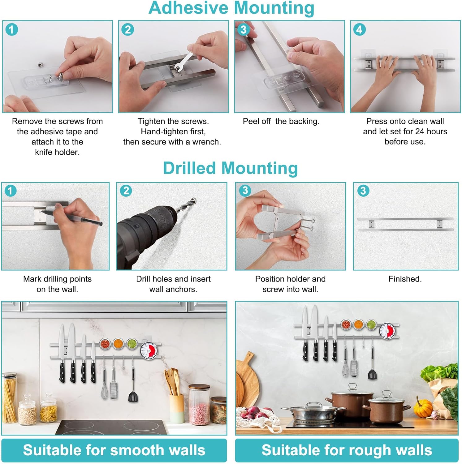 17 Inch Magnetic Knife Holder for Wall with 4 Hooks, No Drilling Knife Magnetic Strip Wall Mounted Dual Rod Strong Magnet Bar for Partry Garage Tool Rack, Knives Holder for RV Kitchen Organization - Image 2