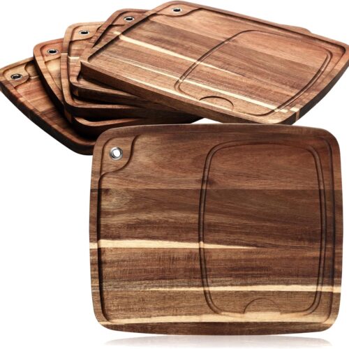 6 Pcs Steak Plates with Juice Channel Wooden Steak Board Set Acacia Cutting Serving Board for Christmas Home Serving Eating Meat Dishes Snack Dessert, 13 x 11 x 0.6 Inch
