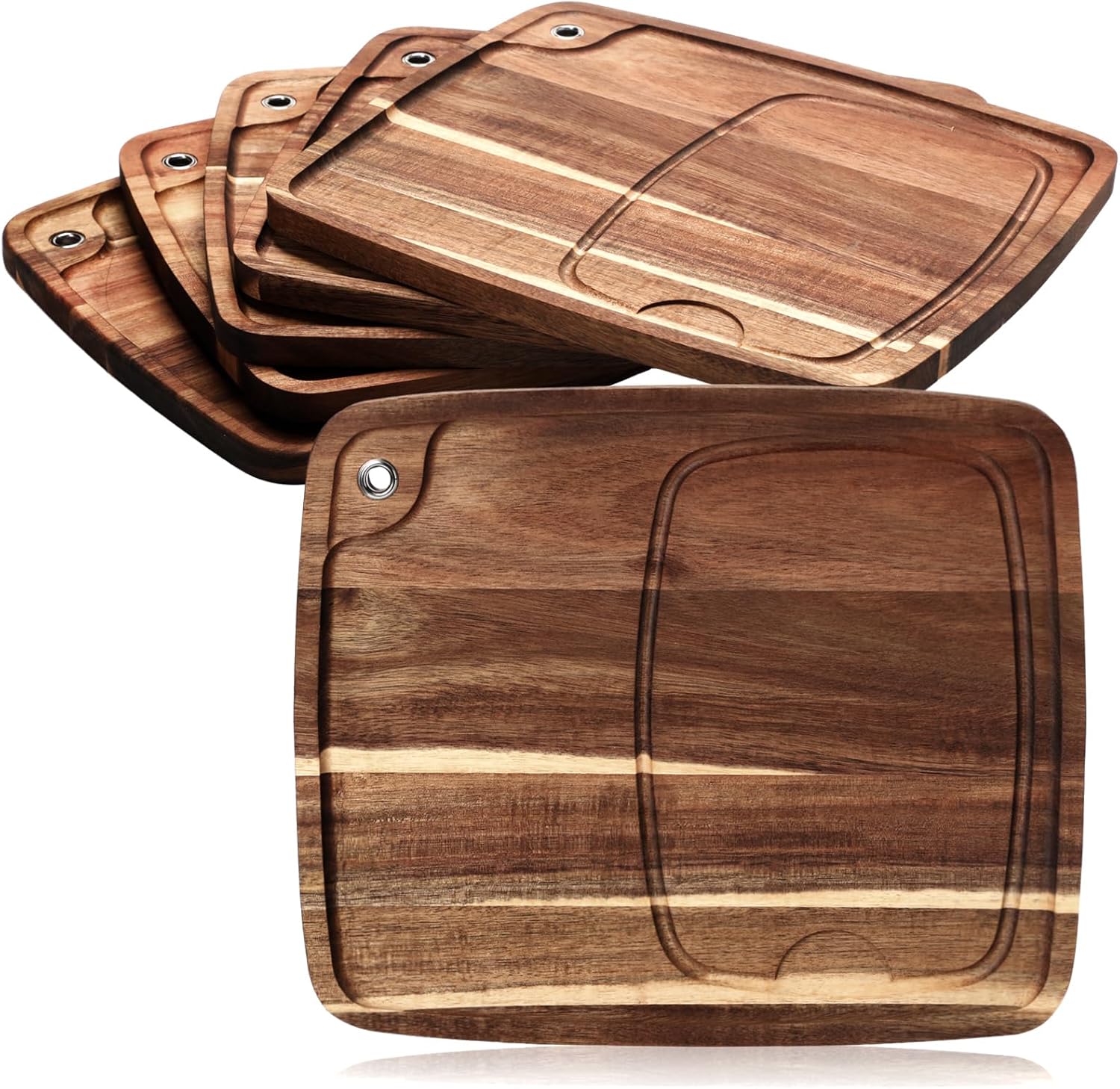 6 Pcs Steak Plates with Juice Channel Wooden Steak Board Set Acacia Cutting Serving Board for Christmas Home Serving Eating Meat Dishes Snack Dessert, 13 x 11 x 0.6 Inch