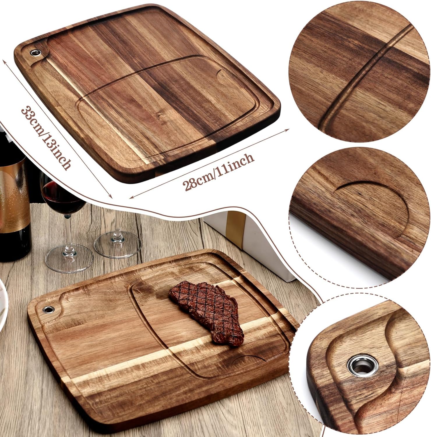 6 Pcs Steak Plates with Juice Channel Wooden Steak Board Set Acacia Cutting Serving Board for Christmas Home Serving Eating Meat Dishes Snack Dessert, 13 x 11 x 0.6 Inch - Image 2
