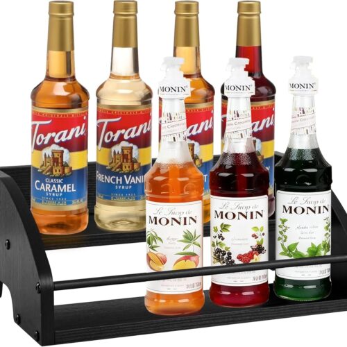 Mini Coffee Syrup Rack – Syrup Bottles Holder for Coffee Bar, Liquor Bottle Display Shelf - Rustic Kitchen Cabinet, Wooden Countertop Organizer for Spirits, Tea, or Coffee (2-Tier)