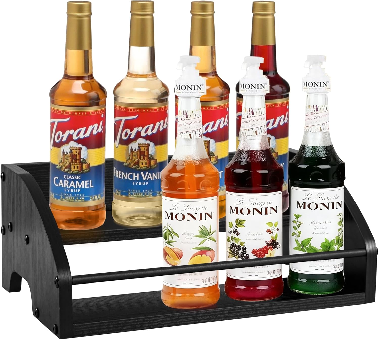 Mini Coffee Syrup Rack – Syrup Bottles Holder for Coffee Bar, Liquor Bottle Display Shelf - Rustic Kitchen Cabinet, Wooden Countertop Organizer for Spirits, Tea, or Coffee (2-Tier)