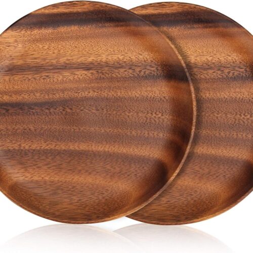 2 Pcs 10 Inch Acacia Wood Dinner Plates Set for Eating Wooden Round Charcuterie Boards Kitchen Serving Platters for Food Dishes Cheese Tray Dessert Salad Plate Wood Charger Plates Decorative Trays