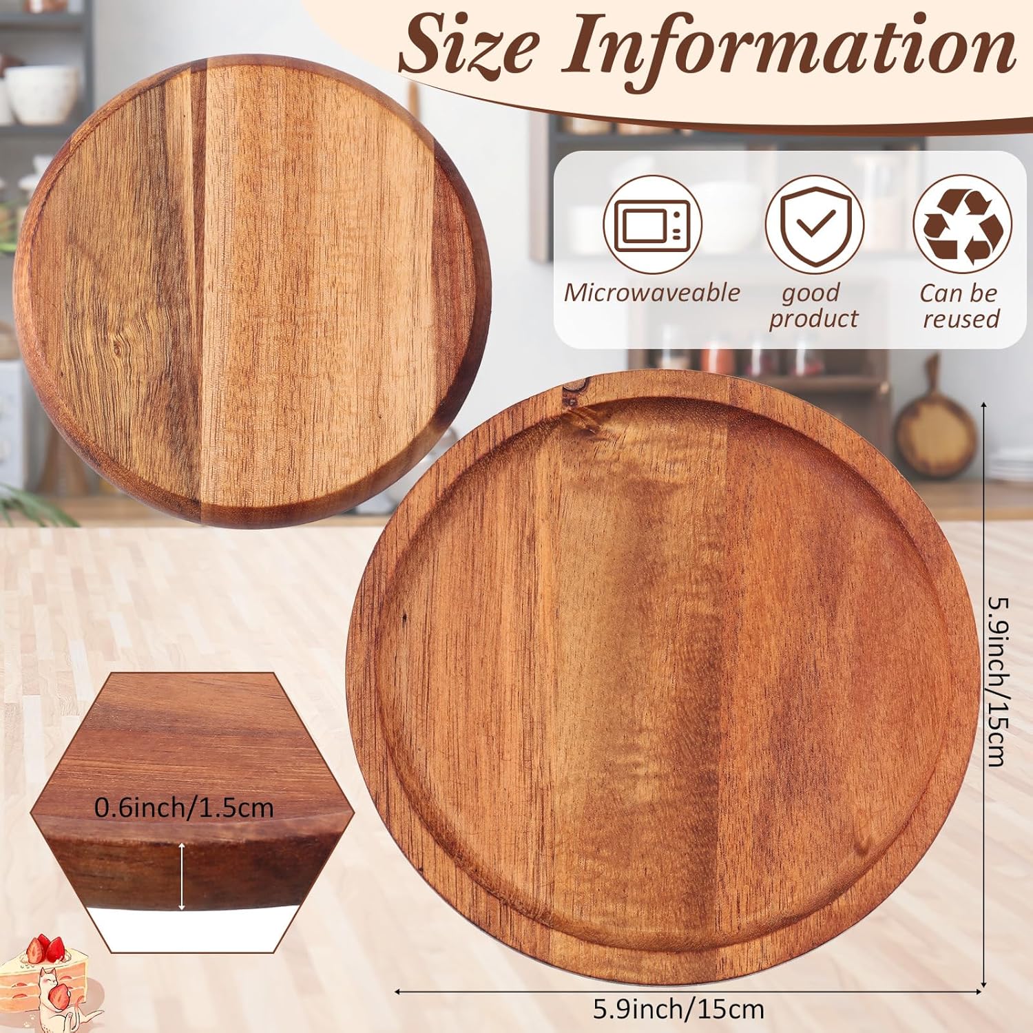 16 Pcs 6 Inch Acacia Wood Dinner Plates Round Wooden Charger Plates Dinnerware Set Lightweight Classic Handmade Serving Tray for Dishes Dessert Snack Food Housewarming Gift - Image 2